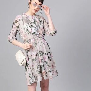 Sassafras Grey & Green Floral Print Fit and Flare Dress | Small